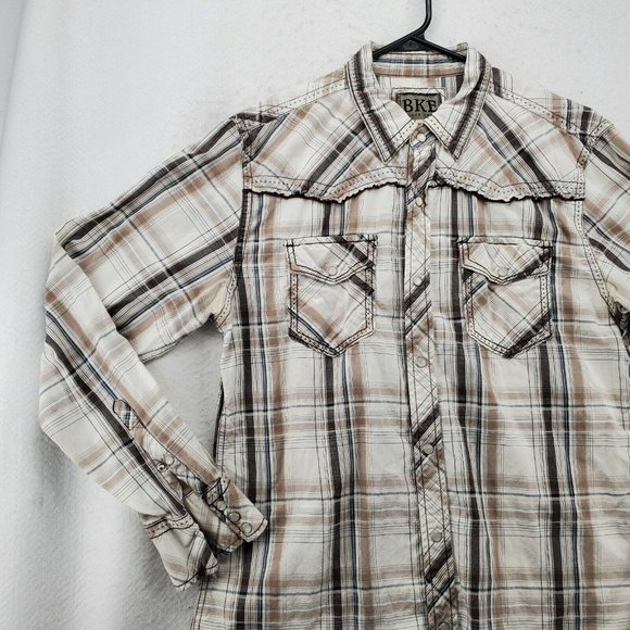 BKE Shirt Men's Long Sleeve Pearl Snap Up Striped Tan White Large*Western - Picture 4 of 12